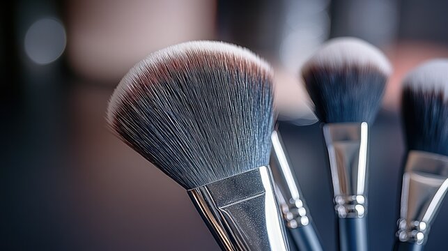 Soft bristled makeup brushes gleam under gentle light, awaiting beauty lovers - Powered by Adobe