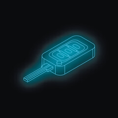 Neon blue outline of electronic car key remote control floating on black background