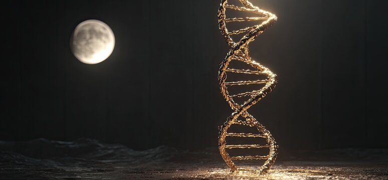 Illuminated golden DNA helix on textured ground under moonlit sky