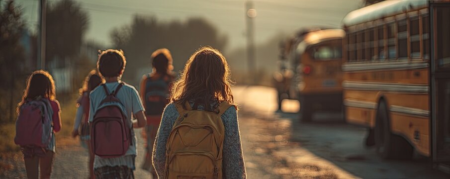 Children walk towards school buses at sunset