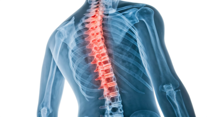 Human backbone in X-ray back pain cut out on PNG. AI GENERATED.