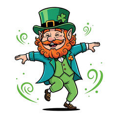 Cartoon leprechaun dancing with a green hat and suit, surrounded by swirls isolated on transparent background