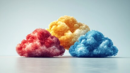 Three fluffy clouds in red, yellow, and blue float gently in a soft backdrop