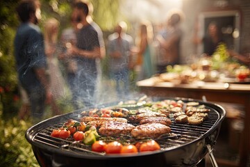 Outdoor barbecue with friends and food on grill
