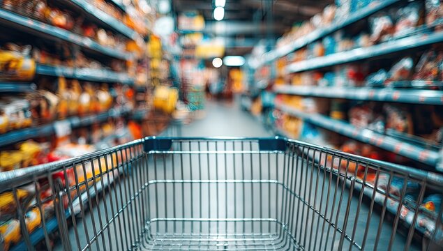Supermarket aisle with shopping cart in foreground, blurry background