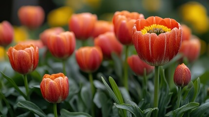 Bright orange tulips rise in a lush garden, sparkling with morning dew