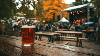Amber ale in a glass on a table, concert in background