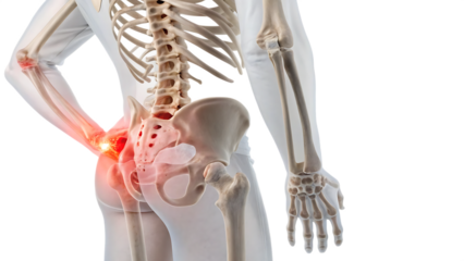 Medical illustration showing joint and back pain cut out on PNG. AI generated.
