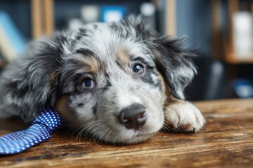 Meet the new boss! This adorable puppy is ready to take charge with his stylish polka dot tie. Future CEO in the making, one nap at a time.