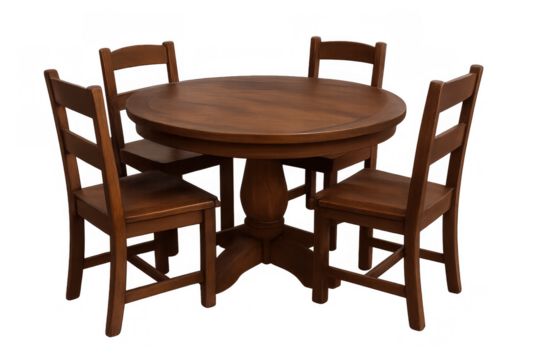 Dining set featuring wooden round table with pedestal base and four ladder back chairs on transparent background - Powered by Adobe