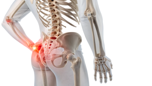Medical illustration showing joint and back pain cut out on PNG. AI generated.