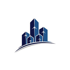 Modern abstract logo representing a cluster of blue skyscrapers with a curved swoosh underneath, isolated on transparent background