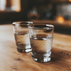 Two glasses filled with cool water sit on a wooden table beside a cozy fire