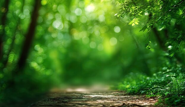 Sunlit path through a lush, green forest with dappled light - Powered by Adobe