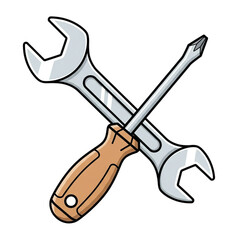 Crossed wrench and screwdriver tool, isolated on transparent background