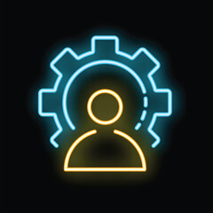 Neon icon of a person inside a cogwheel representing human resource management, employee engagement, and talent acquisition