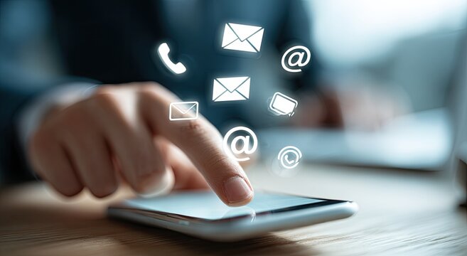 Person's finger interacts with phone, surrounded by communication icons