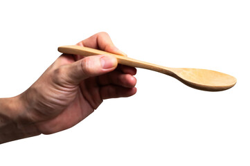 Male hand holding a wooden spoon isolated on white background.