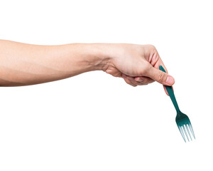 Male hand holding a green plastic fork isolated on white background.