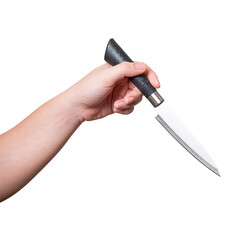 Female hand holding a steel cooking knife isolated on white background.
