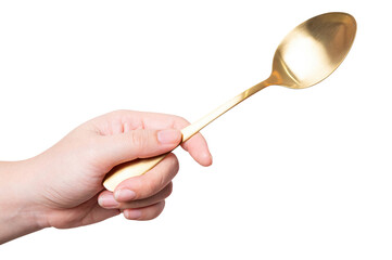 isolated of a women's hand holding a golden steel spoon.