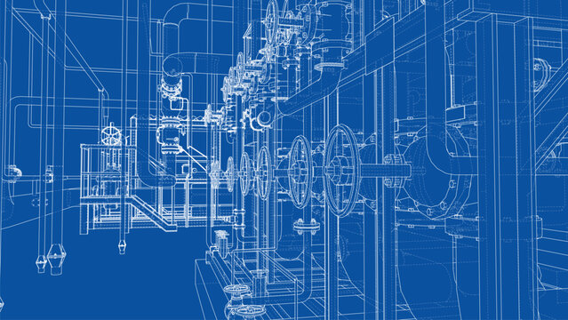 Industrial Blueprint of Complex Machinery. Vector