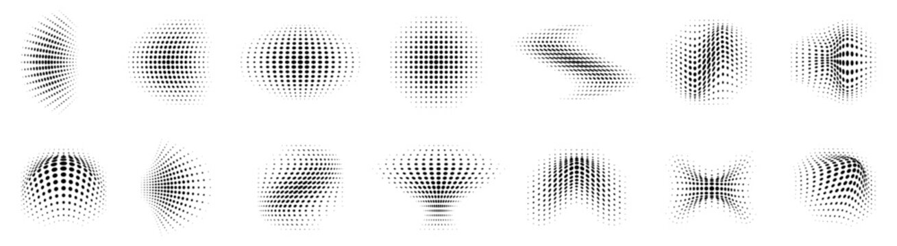 Dotted wavy shapes set. Abstract dotted texture curves and smooth dot wave elements, halftone dot pattern with wavy half tone gradient shapes