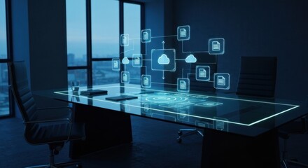 Futuristic conference room shows cloud file sharing on glass table