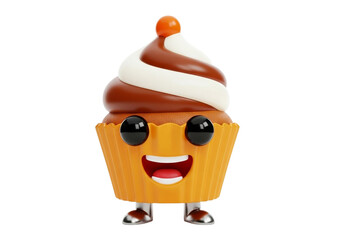 Cute cartoon cupcake character with a happy face, isolated on transparent background