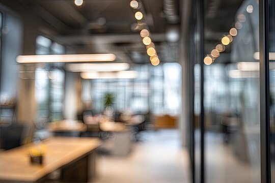 Out of focus view of modern office space with desks and lighting - Powered by Adobe