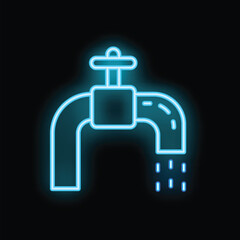 Blue neon icon of a leaking water tap glowing on a black background