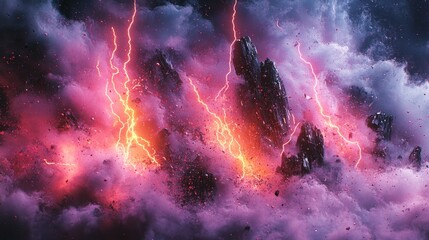 Fototapeta premium Bright lightning cracks through storm clouds above jagged mountains during twilight