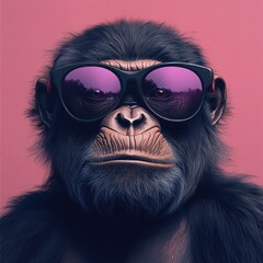 A stylish monkey wearing dark sunglasses stares at the viewer on a pink background