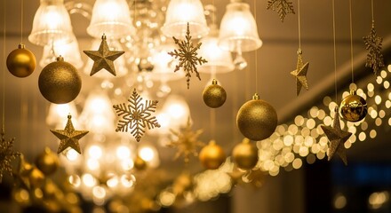 Fototapeta premium Golden christmas ornaments hanging from a chandelier create a festive atmosphere