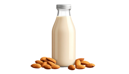 Almond milk bottle with almonds on transparent background