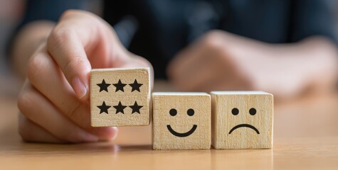 Hand holding star cubes, next to happy and sad face blocks