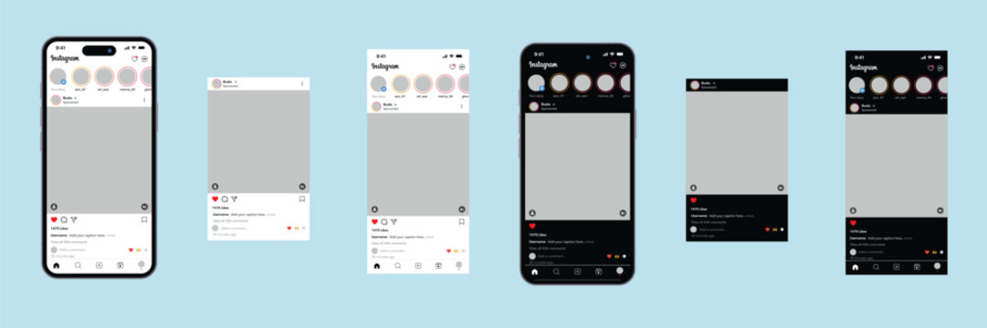 Instagram Dark Mode and Light Mode Feed, Post Mockup Kit. A social media template set including the latest UI 2025. Isolated post frame, iPhone mockup with Dynamic for showcasing marketing campaigns.