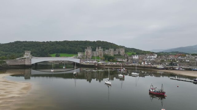 Conwy Castle over River Convy from a drone, Convy, North Wales, England