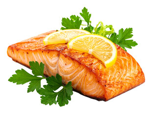 Baked Salmon Fillet with Lemon Slices and Parsley Garnish, Side View, Isolated on Transparent Background