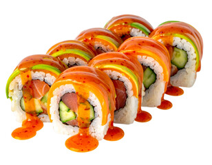 Delicious Uramaki Sushi Rolls with Fresh Salmon, Cucumber, and Spicy Sauce, Isolated on Transparent Background