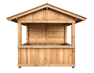 Empty Wooden Market Stall with Roof, Front View, Isolated on Transparent Background