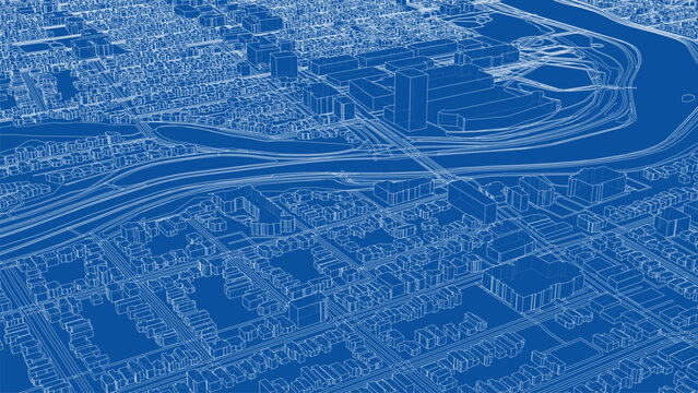 Detailed City Blueprint with River and Roads