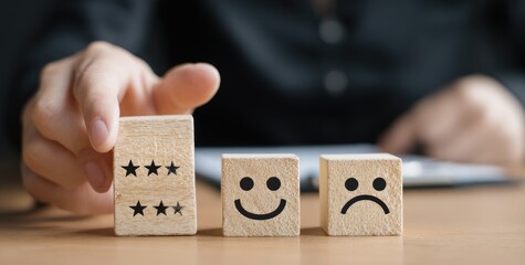 Person's hand places wooden block with three stars onto table