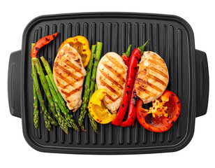 Electric Grill with Grilled Chicken, Bell Peppers, and Asparagus, Top View, Ready to Serve, Transparent Background