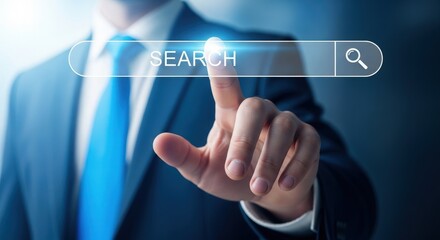 A businessman is touching a search bar on a screen to perform a search