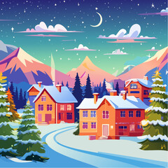 Naklejka premium Winter Village Panorama