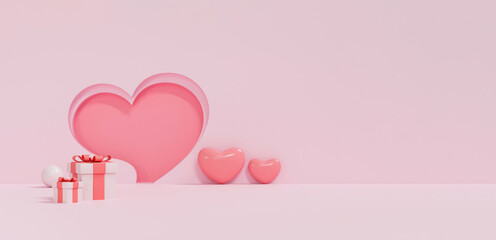 3d render valentine's day banner with pastel pink heart, gifts, and copy space on the right, ideal for feminine marketing and website header.