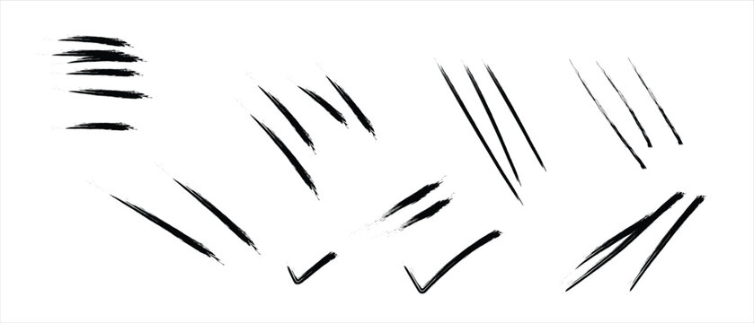 Assorted black ink brush stroke marks and symbols on white background lines checkmark