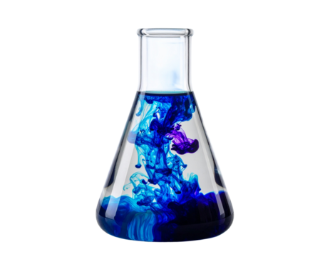 Laboratory Glass Erlenmeyer Flask with Colorful Liquid, Isolated on Transparent Background
