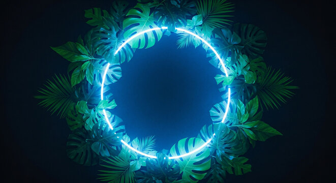 Neon circle frame with tropical monstera and palm leaves. - Powered by Adobe